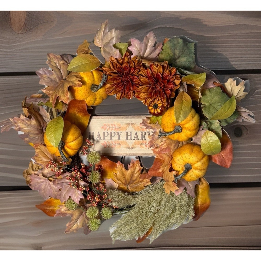 Happy Harvest Autumn Wreath With Pumpkins Dahlias & Maple Leaves Fall Front Door
